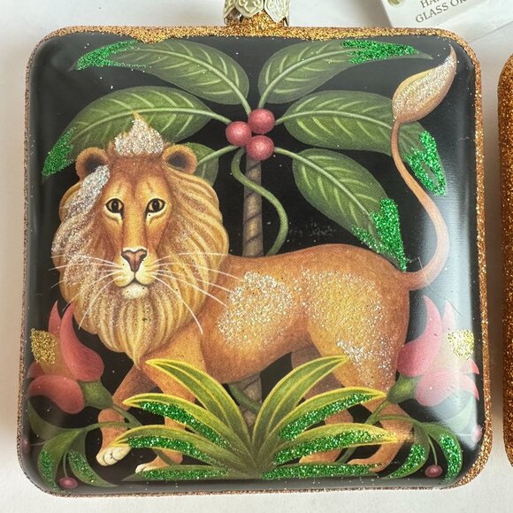 Two 3.5" Square Kurt S Adler Noble Gems Safari Lion & Zebra Glass Ornaments - Picture 2 of 5